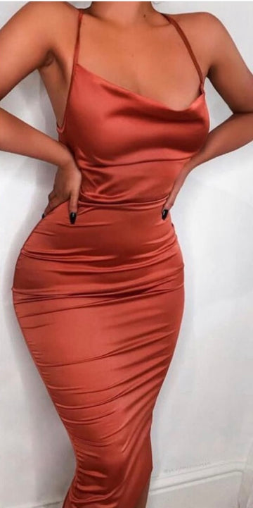 Women’s Coral Satin Bodycon Dress – Backless Cowl Neck Spaghetti Strap Midi Dress