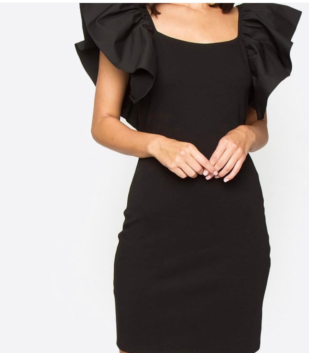 Women’s Butterfly Sleeve Bodycon Dress – Square Neck Ruffle Shoulder Midi Dress