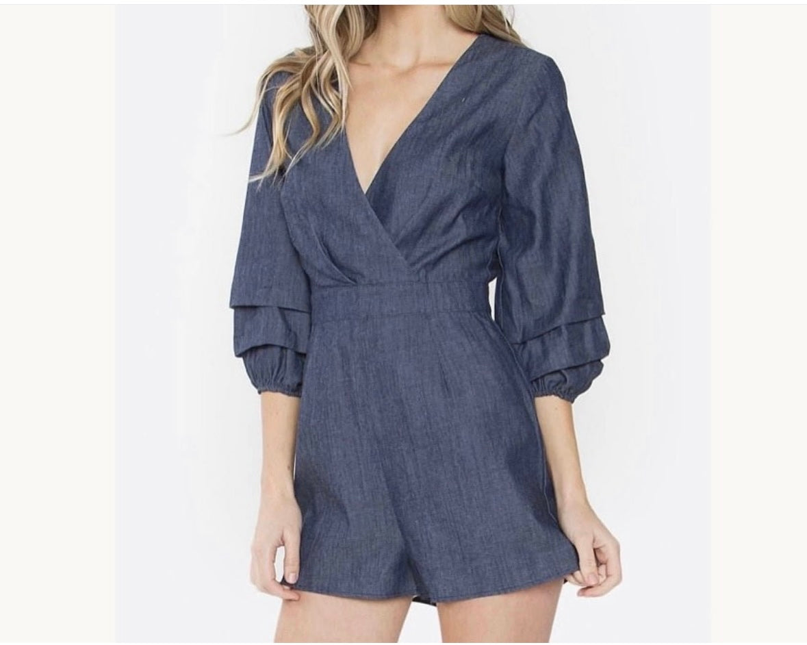 Women’s Denim Wrap Romper – V-Neck Long Sleeve Casual & Party Playsuit